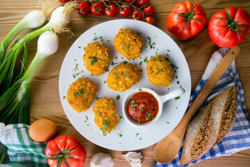 Homemade chicken nuggets with tomato sauce. Top view table with Christmas decoration.