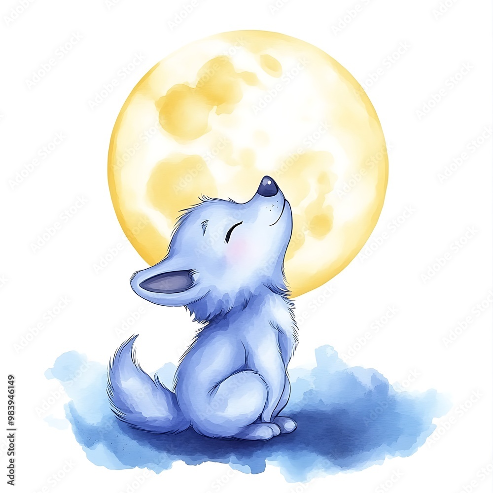 Poster Cute Blue Wolf Pup Looking Up at the Moon Watercolor Illustration.