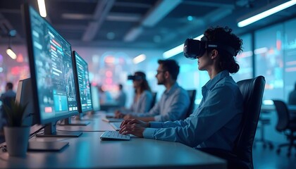 A high-tech office featuring virtual reality workstations and AI-powered scheduling assistants