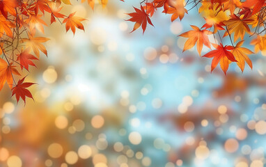 Fototapeta premium Autumn background with beautiful leaves and a blurred forest in the background.