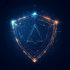 Medical security health shield translucent low poly triangle futuristic glowing surrounded by arrows. On dark blue background. Immunity protection medical innovation concept.