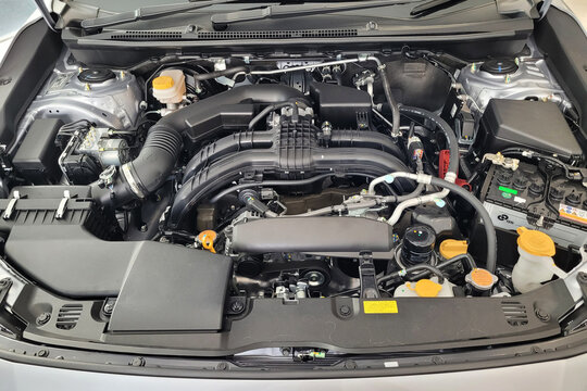 Penang, Malaysia - 21 Sep 2024: A top-view shot of the new Subaru XV boxer engine highlights the compact yet efficient layout.