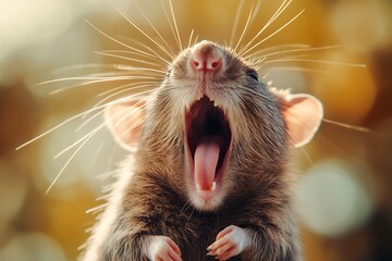 Cute brown rat yawning with open mouth showing teeth