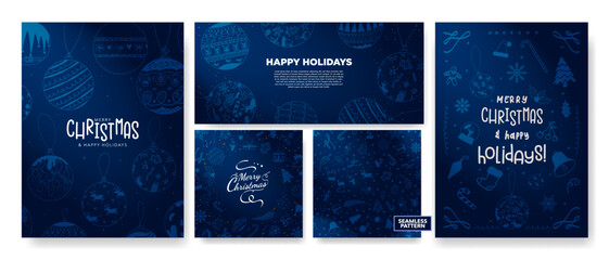 Fun Monochromatic Christmas Greeting Card Posters and banner, with seamless xmas pattern with decorative xmas winter elements. Hand drawn Doodle Illustrations and typography. Vector Illustration.