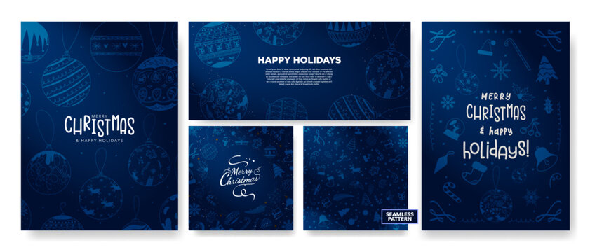 Fun Monochromatic Christmas Greeting Card Posters and banner, with seamless xmas pattern with decorative xmas winter elements. Hand drawn Doodle Illustrations and typography. Vector Illustration.