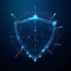 Obraz premium Medical security health shield translucent low poly triangle futuristic glowing surrounded by arrows. On dark blue background. Immunity protection medical innovation concept.