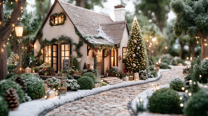 Charming house decorated for christmas, illuminated at night, with a snowy garden and a path leading to the entrance