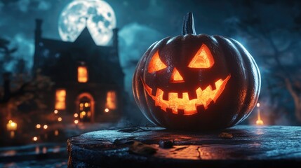 Halloween pumpkin with candlelight in front of a haunted house background,