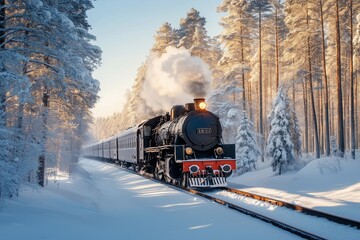 Beautiful retro steam locomotive against the backdrop of a snowy mountain forest landscape with copy space.  Travel, passenger transportation.  Public transport