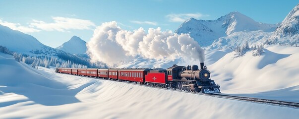 Beautiful retro steam locomotive against the backdrop of a snowy mountain forest landscape with copy space.  Travel, passenger transportation.  Public transport
