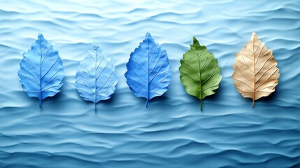 Colorful leaves arranged against a textured blue background, creating a vibrant and artistic nature composition.
