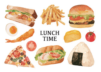 水彩で描いた色々なランチのイラスト
