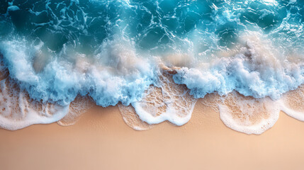 Obraz premium abstract sand beach from above with light blue transparent water wave and sun lights, summer vacation background concept banner with copy space 
