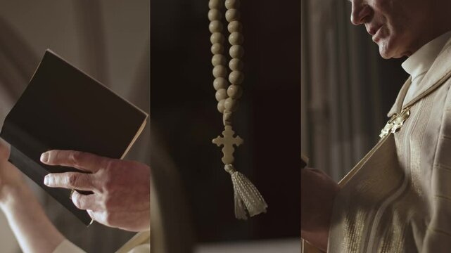 Split screen of Caucasian elderly priest wearing festive golden robe standing in Christian church with Holy Bible in hands and preaching sermon