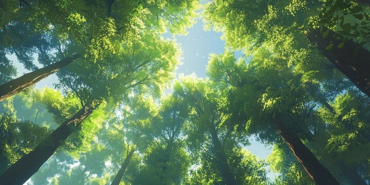 A view from the forest floor looking up at the tall trees