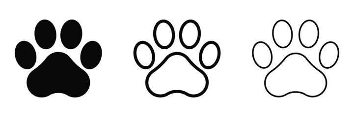 Paw print vector icon set. Dog or cat paw print illustration. Black silhouette and outline design. Animal footprint.