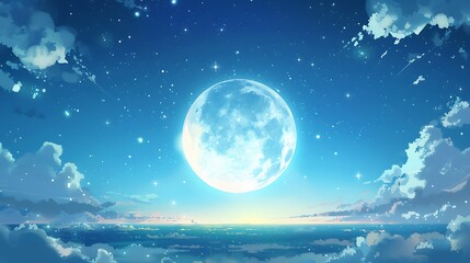 Beautiful Blue Skies with Nature, Moon ,Cloud ,Beach scenery, Tree, night -Anime concept Background