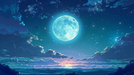 Beautiful Blue Skies with Nature, Moon ,Cloud ,Beach scenery, Tree, night -Anime concept Background