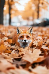 Red fox in fallen leaves against the backdrop of an autumn landscape.  Wildlife.  forest animal