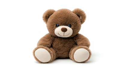 Obraz premium A brown teddy bear sitting upright with a friendly smile on white background