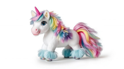 A unicorn with a rainbow mane and tail, standing on its four legs on white background