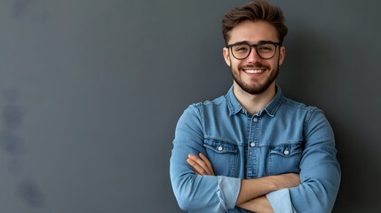 Fototapeta premium A Smiling Man with Glasses and Crossed Arms in a Denim Shirt