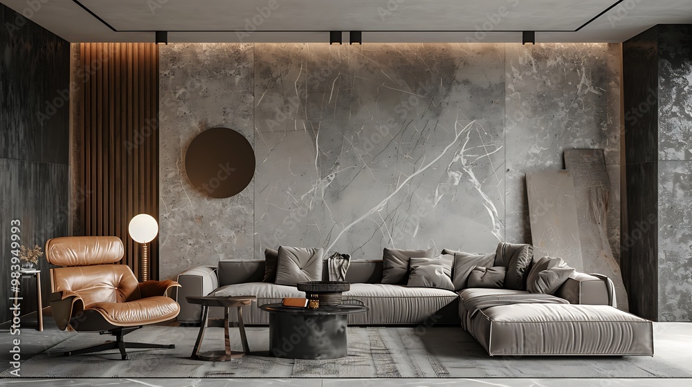 Wall mural The modern luxury interior design of a lounge and living room with plush furnishings, stylish decor, and a concrete wall texture background, creating a sophisticated and contemporary ambiance