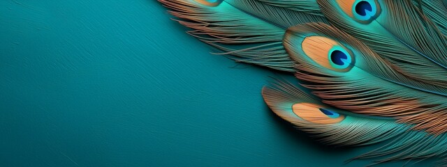 Green and blue peacock bird feathers background with copy space. Natural neutral texture © Katsyarina