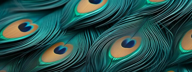 Green and blue peacock bird feathers background with copy space. Natural neutral texture