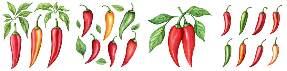 Chili peppers, vibrant colors, white isolate background.
