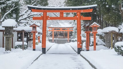 Naklejka premium New Year's Day scene featuring a traditional Japanese torii gate leading to a serene shrine, surrounded by fresh winter snow. The calm, snowy landscape emphasizes the peaceful and spiritual atmosphere