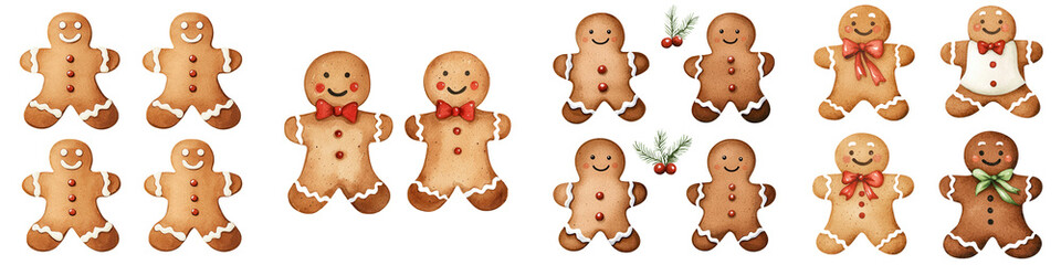 Gingerbread men cookies, festive decorations, white isolate background.