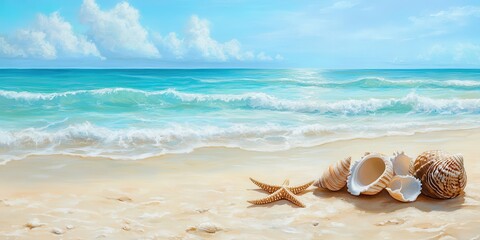 Generate a peaceful beach scene featuring soft, golden sand with scattered seashells