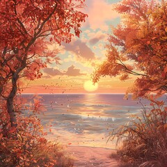 Beautiful Blue Skies with Nature, Moon ,Cloud ,Beach scenery, Tree, night -Anime concept Background