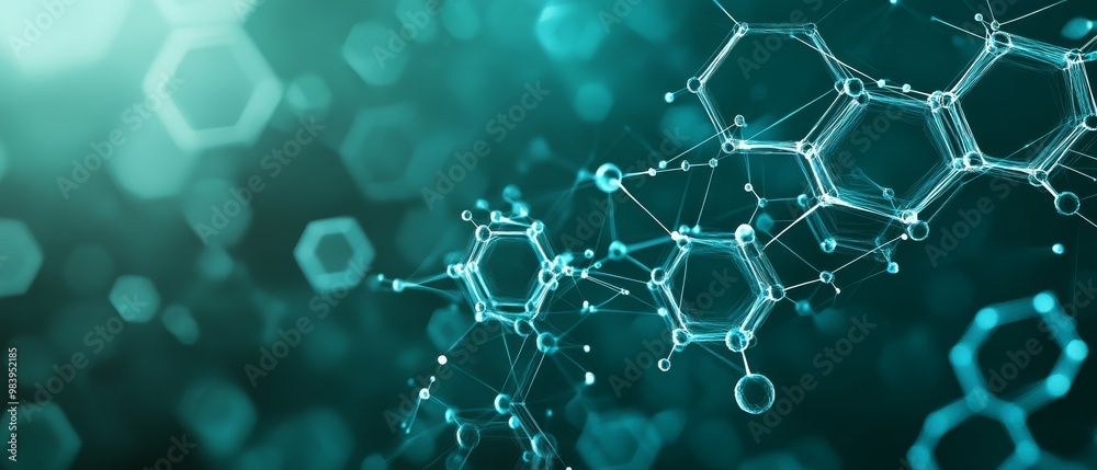 Poster molecular structure visualization in a turquoise blue background with interconnected atomic elements