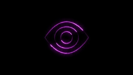 Human eye icon neon glowing purple color 4k illustration. open eyes black background 4k illustration.
