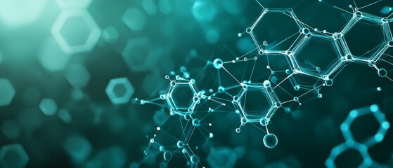 Molecular structure visualization in a turquoise blue background with interconnected atomic elements and hexagonal shapes