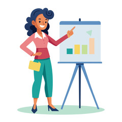 Confident Woman Presenting – Female Character Pointing at Presentation Board