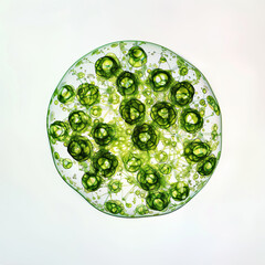 Single Volvox Colony with Green Cells, Softly Lit and Floating Against White Background