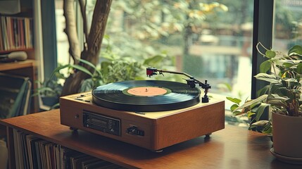 A retro turntable with a vinyl record playing on it. This image is perfect for depicting vintage music and audiophile culture.