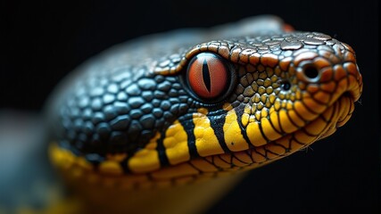Fototapeta premium close-up of a snake with orange eyes and a green-yellow body on a black background