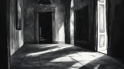 Black and white photo of a hallway with light streaming in from a doorway.