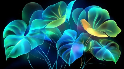 A colorful image of three leaves with a yellow flower in the middle. The leaves are blue and green, and the flower is yellow. The image has a vibrant and lively mood