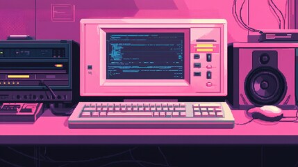 Fototapeta premium Retro old computer user interface,Pink Y2K computer window page and retro interface of PC screenTrendy,y2k pc element,8 bit pixel art,Transgressive conceptual modern art,kawaii retro 90s style.