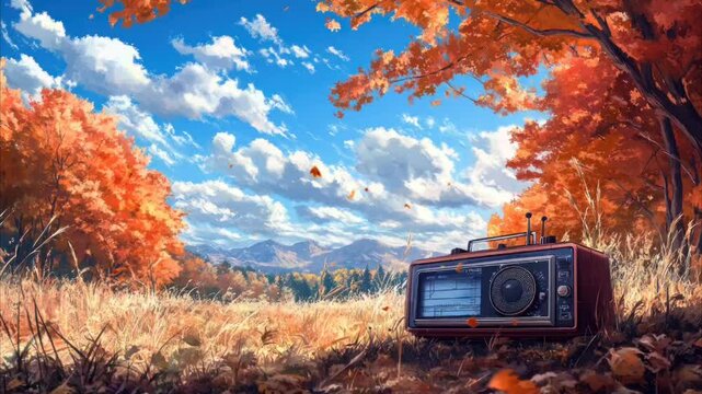 Vintage radio resting in a golden autumn field with mountains in the distance. Seamless looping 4k time-lapse video background

