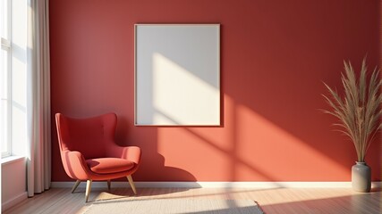 a red wall with a picture frame and a red chair in front of it