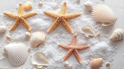 Seashells and starfish on white salt. Perfect for spa, beauty, or summer themes.
