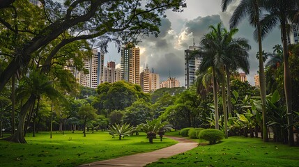 Obraz premium The metropolitan jungles peaceful shelter a downtown landscape wealthy in lawn and attractive scenery