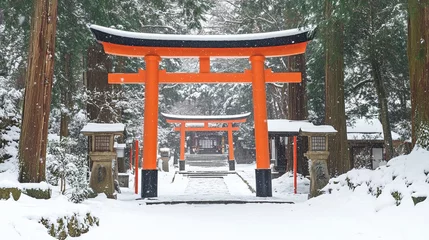 Selbstklebende Fototapeten New Year's Day scene featuring a traditional Japanese torii gate leading to a serene shrine, surrounded by fresh winter snow. The calm, snowy landscape emphasizes the peaceful and spiritual atmosphere © huiying