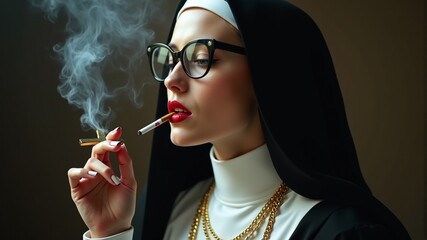 Obraz premium a nun smoking a cigarette with glasses and a red lipstick.